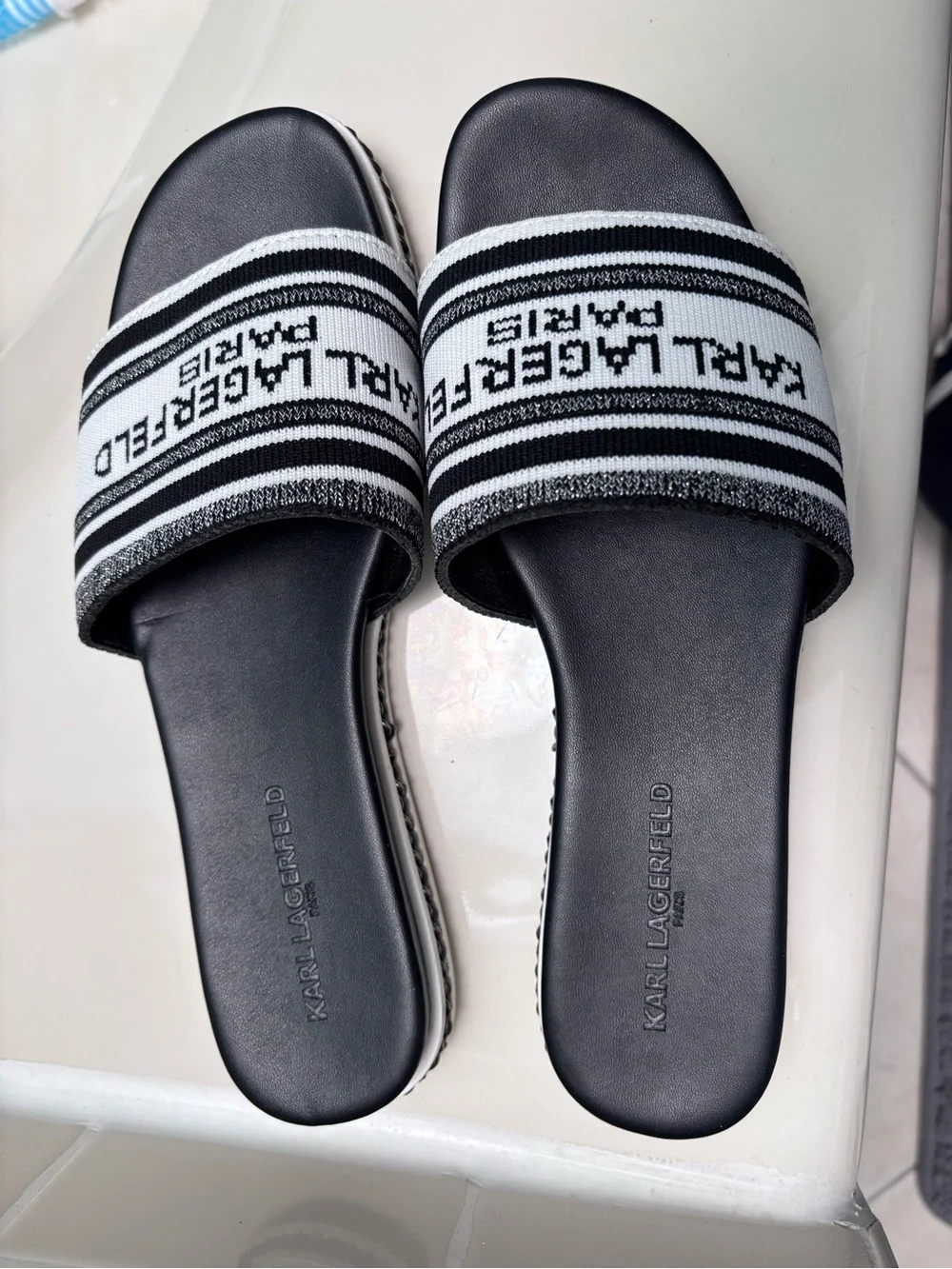 Karl Lagerfeld Black and White Logo Slide Sandals for Kids